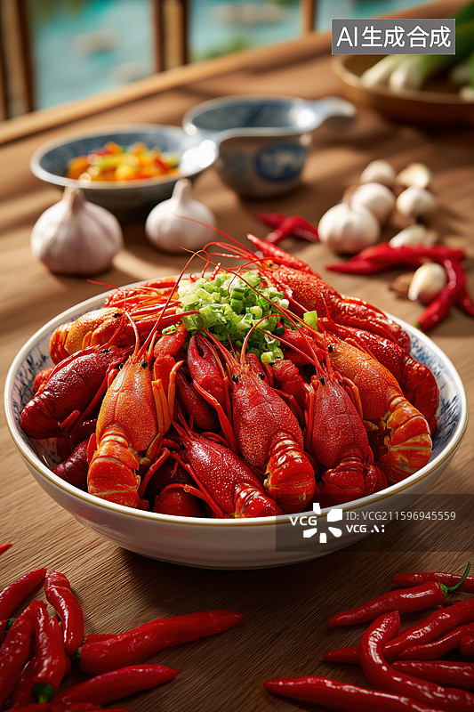 【AI数字艺术】麻辣小龙虾配蒜瓣辣椒图片素材
