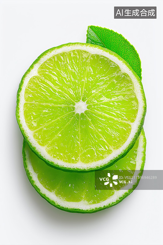 【AI数字艺术】新鲜青柠切片与绿叶图片素材
