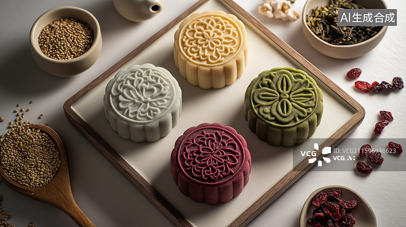 【AI数字艺术】四色花纹月饼摆盘图片素材