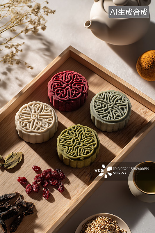 【AI数字艺术】木质托盘上的彩色糕点与茶具图片素材