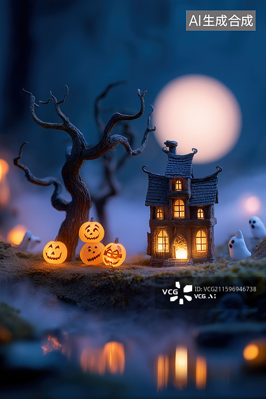 【AI数字艺术】万圣夜小屋与南瓜灯图片素材