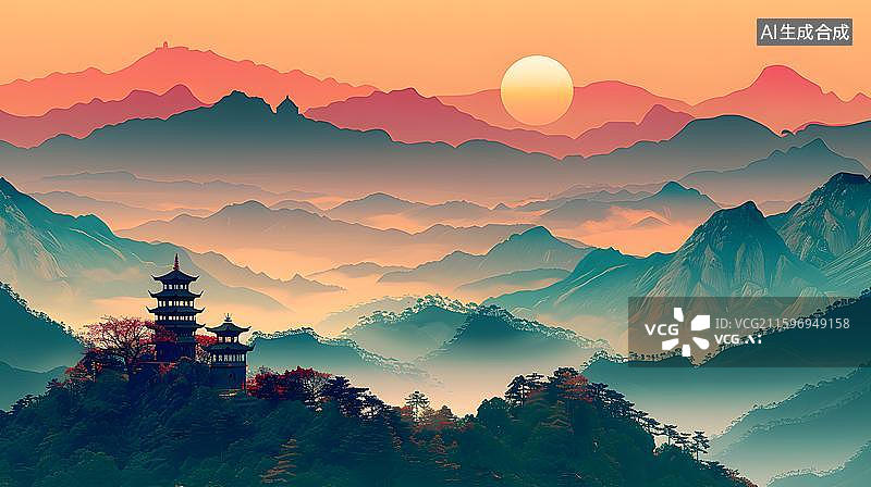 【AI数字艺术】日出东方山水意境图 太阳升起，云雾缭绕的山谷，山顶的古塔    中国风云雾山峦古亭日出插画图片素材