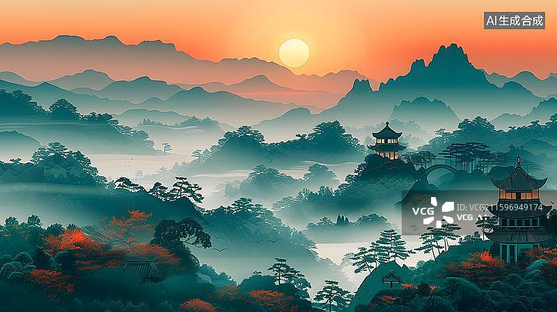 【AI数字艺术】日出东方山水意境图 太阳升起，云雾缭绕的山谷，山顶的古塔    中国风云雾山峦古亭日出插画图片素材