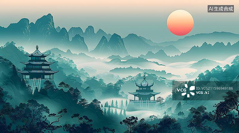 【AI数字艺术】日出东方山水意境图 太阳升起，云雾缭绕的山谷，山顶的古塔    中国风云雾山峦古亭日出插画图片素材