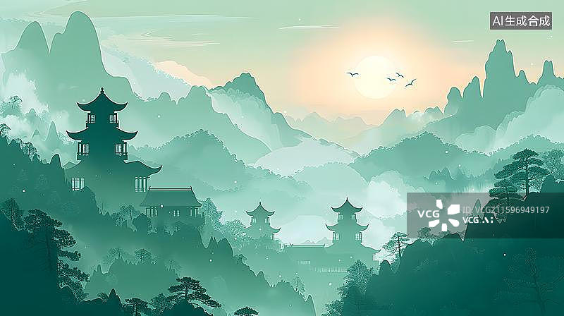 【AI数字艺术】日出东方山水意境图 太阳升起，云雾缭绕的山谷，山顶的古塔    中国风云雾山峦古亭日出插画图片素材