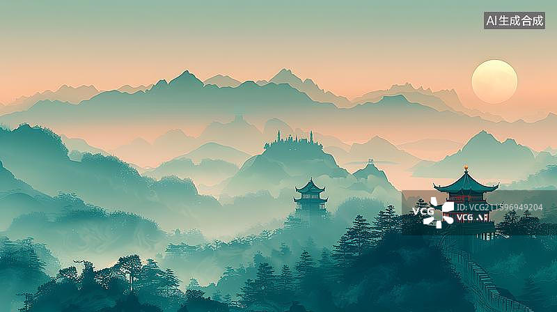 【AI数字艺术】日出东方山水意境图 太阳升起，云雾缭绕的山谷，山顶的古塔    中国风云雾山峦古亭日出插画图片素材