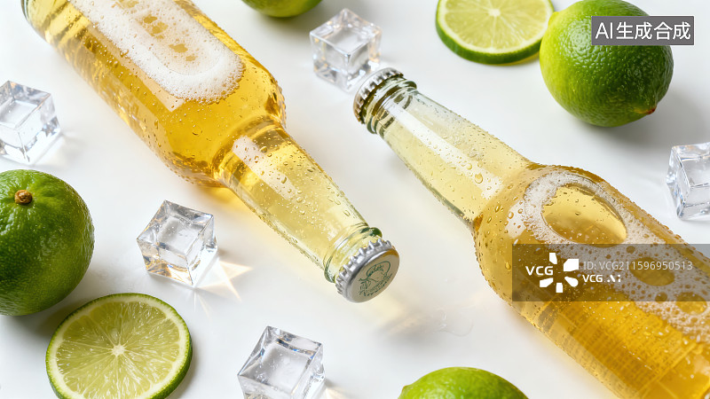 【AI数字艺术】桌面放置的透明啤酒瓶和周边散落的冰块与柠檬图片素材