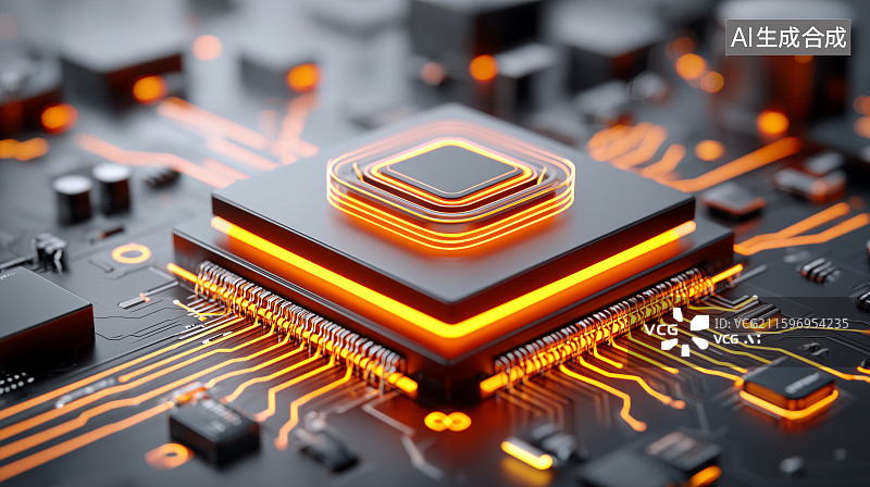 【AI数字艺术】发光芯片电路板特写图片素材