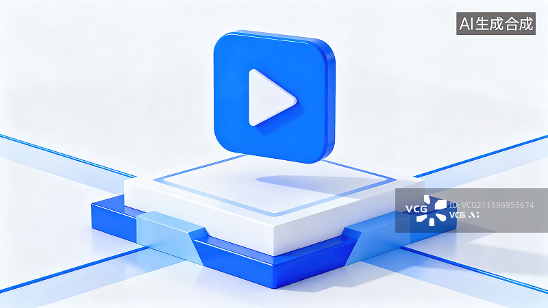 【AI数字艺术】白色背景下蓝白色矩形底座上悬浮着的科技感的蓝色音视频播放标识符号图片素材