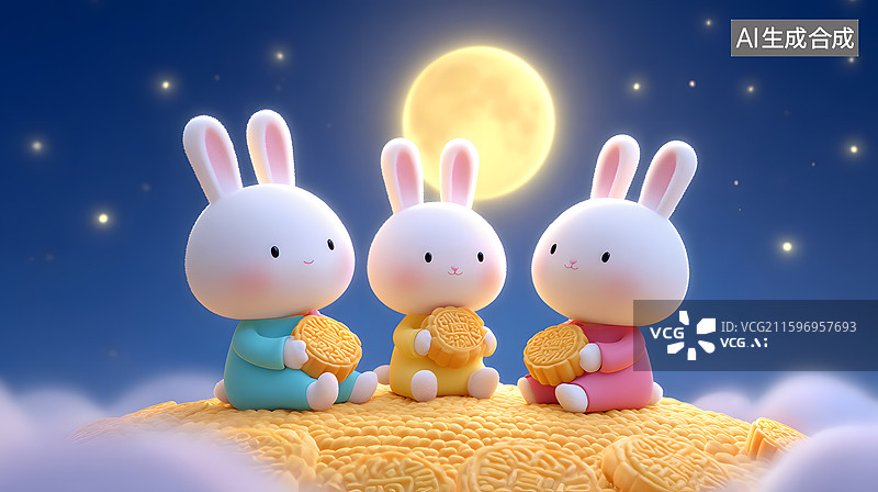 【AI数字艺术】玉兔赏月插画图片素材