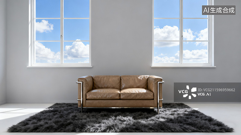 【AI数字艺术】空房间里的极简真皮沙发图片素材