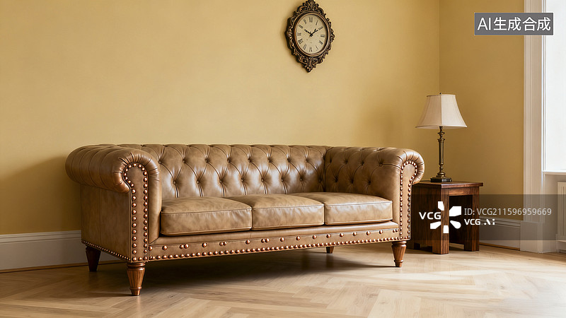 【AI数字艺术】空房间里的极简真皮沙发图片素材