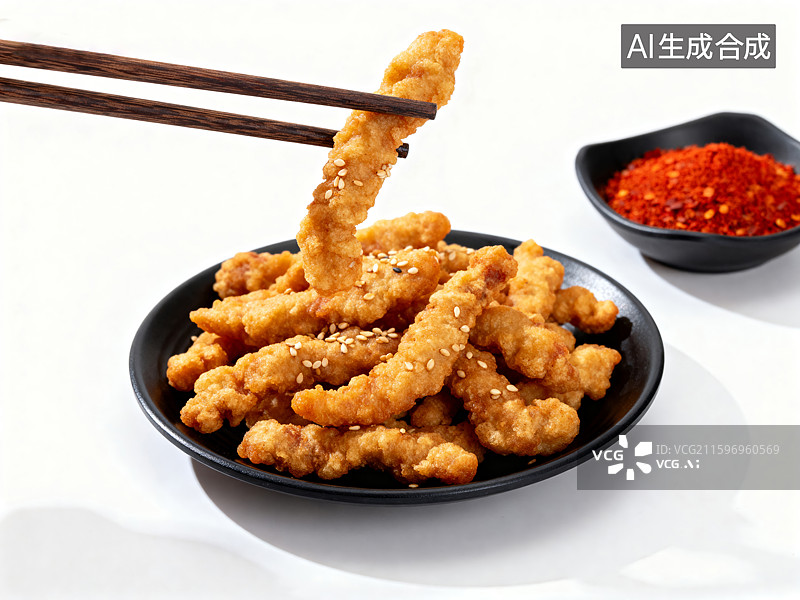 【AI数字艺术】筷子夹起的香脆小酥肉图片素材