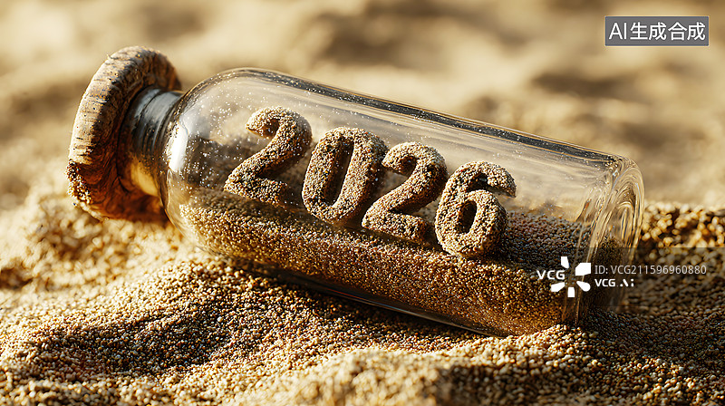 【AI数字艺术】AIGC：沙滩上写有2026的玻璃瓶图片素材