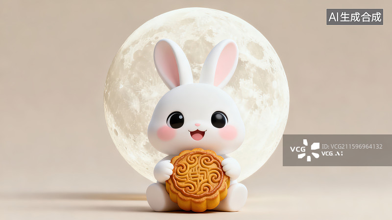 【AI数字艺术】圆形巨大月球月亮背景下一只可爱的小白兔抱着月饼坐在前面，中秋节日主题海报插画背景图片素材