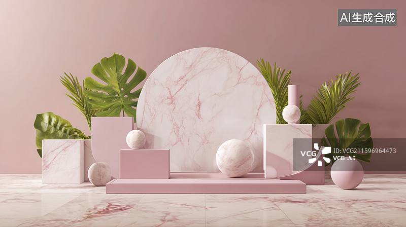 【AI数字艺术】粉色大理石与绿植的几何摆设图片素材
