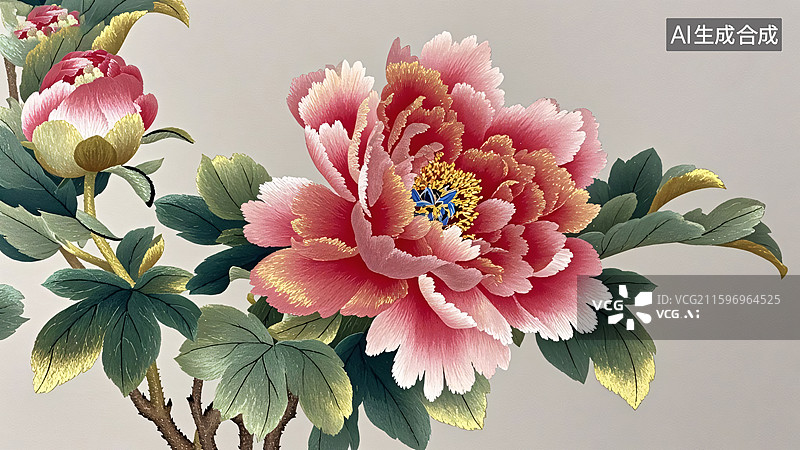【AI数字艺术】刺绣牡丹花卉艺术插画图片素材