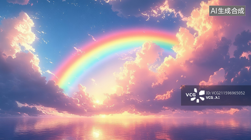 【AI数字艺术】日落黄昏时刻的天空中一道彩虹图片素材