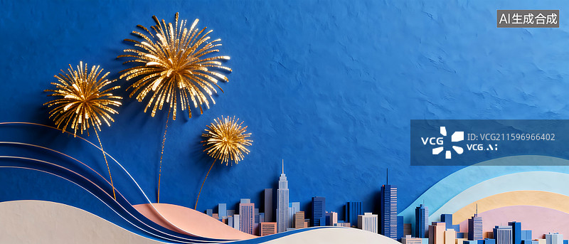 【AI数字艺术】蓝色背景城市天际线建筑金色烟花，庆祝新年春节马年活动海报展板背景图片素材
