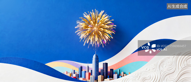 【AI数字艺术】蓝色背景城市天际线建筑金色烟花，庆祝新年春节马年活动海报展板背景图片素材