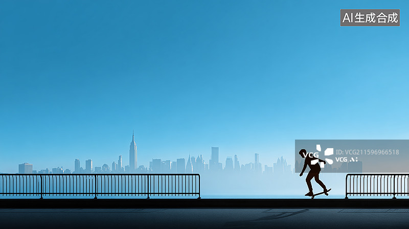 【AI数字艺术】在城市天际线下滑板的剪影图片素材