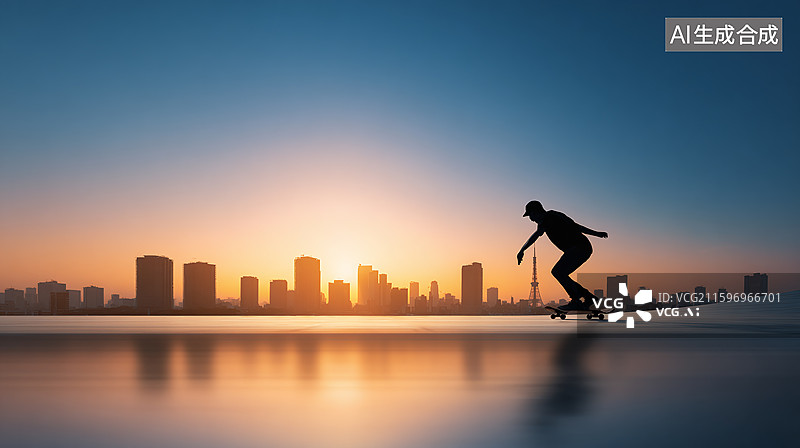 【AI数字艺术】在城市天际线下滑板的剪影图片素材