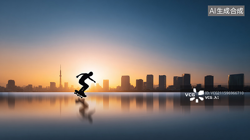 【AI数字艺术】在城市天际线下滑板的剪影图片素材