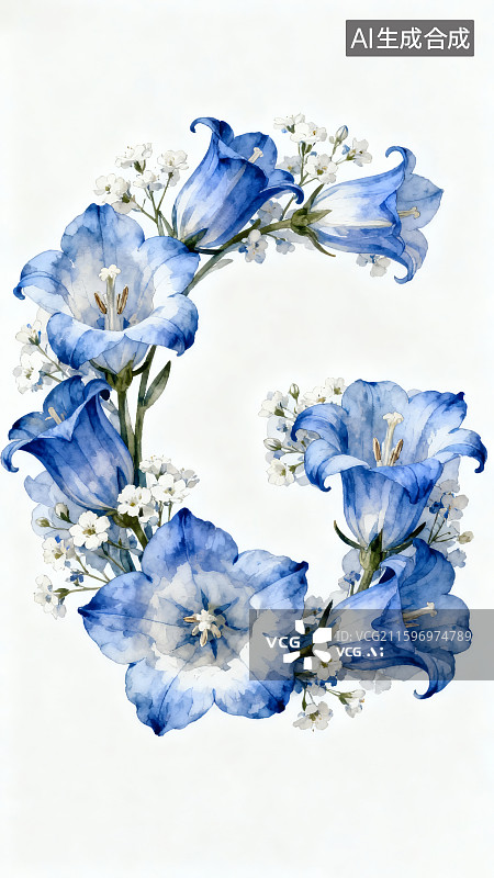 【AI数字艺术】白色背景，蓝色铃花和满天星组成的字母“U”图片素材
