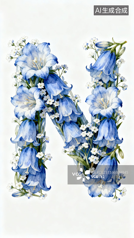 【AI数字艺术】白色背景，蓝色铃花和满天星组成的字母“U”图片素材