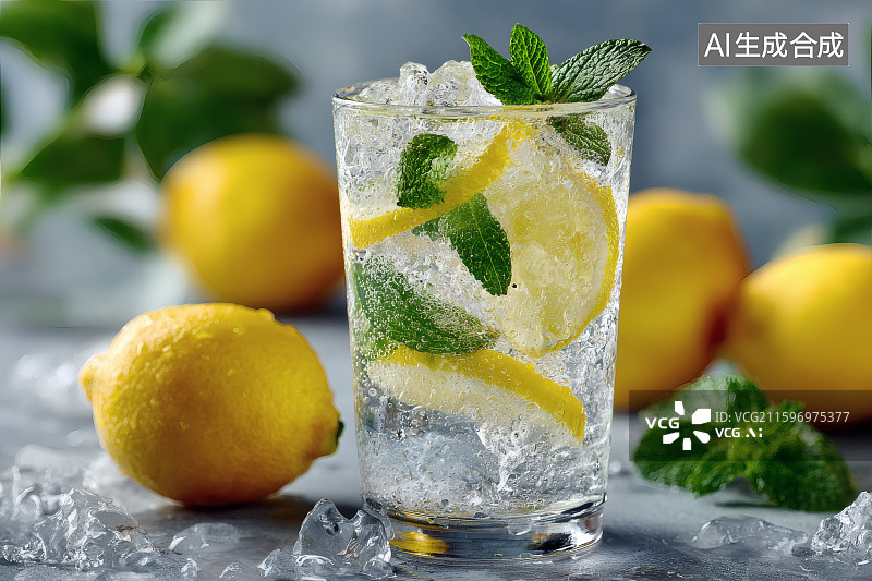 【AI数字艺术】桌面一杯冰镇柠檬水，新鲜的柠檬图片素材