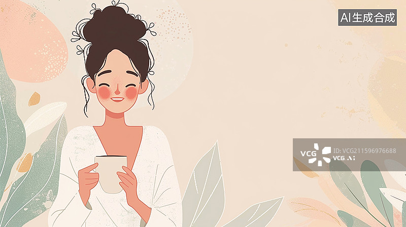 【AI数字艺术】治愈系女孩与咖啡图片素材