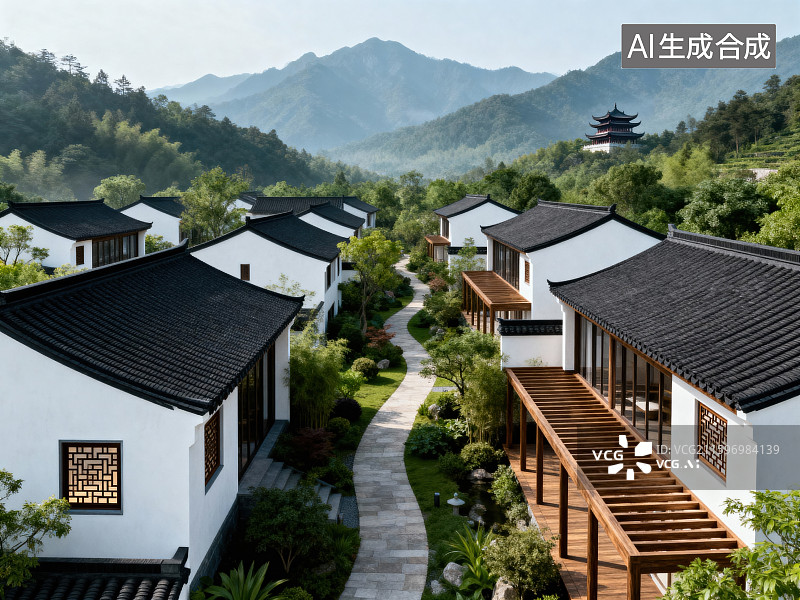 【AI数字艺术】山间白墙黑瓦建筑群图片素材
