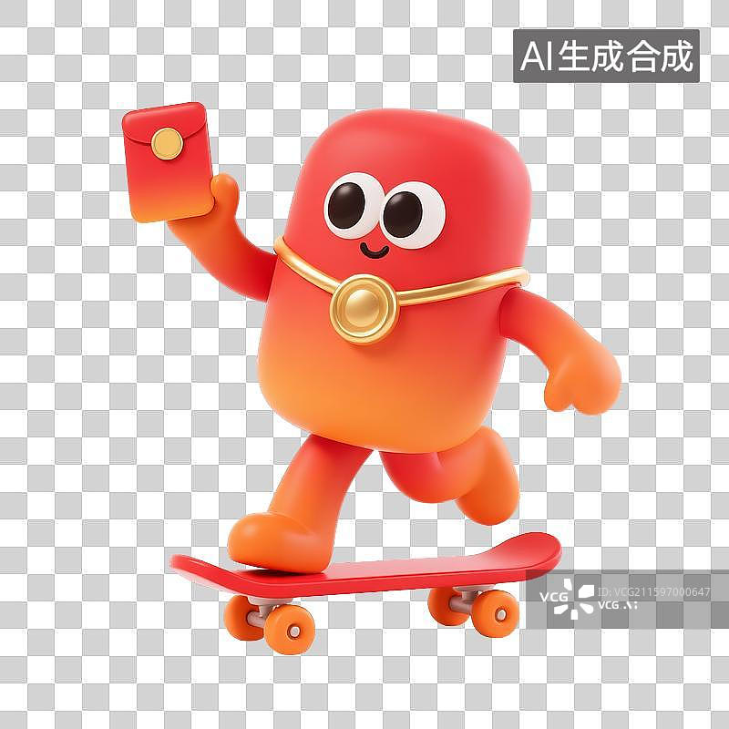 【AI数字艺术】3D玩滑板的可爱红包吉祥物图片素材