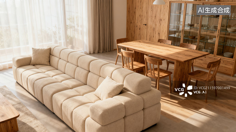 【AI数字艺术】简约自然的米色沙发客餐厅图片素材
