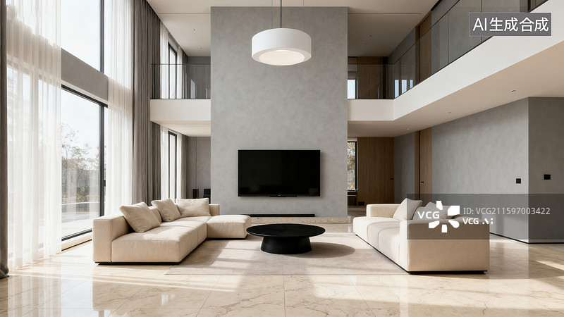 【AI数字艺术】简约大气的复式米色沙发客厅图片素材