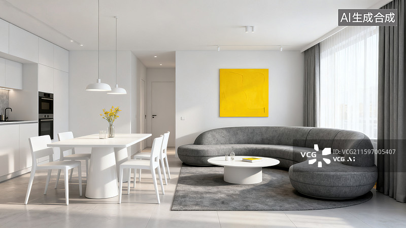 【AI数字艺术】简约时尚的灰色弧形沙发客餐厅图片素材