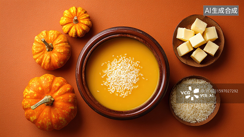 【AI数字艺术】写实南瓜汤与食材图片素材