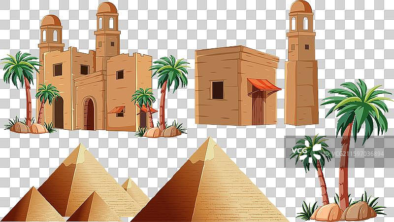 金字塔建筑和棕榈树图片素材