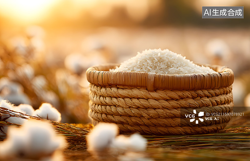 【AI数字艺术】稻田竹筐里盛放着大米图片素材