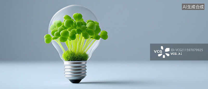 【AI数字艺术】绿色灯泡中萌发生命的环保概念图图片素材