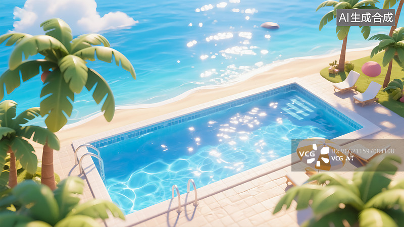 【AI数字艺术】夏天海边游泳池三维插画图片素材