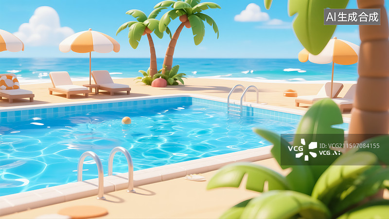 【AI数字艺术】夏天海边游泳池三维插画图片素材