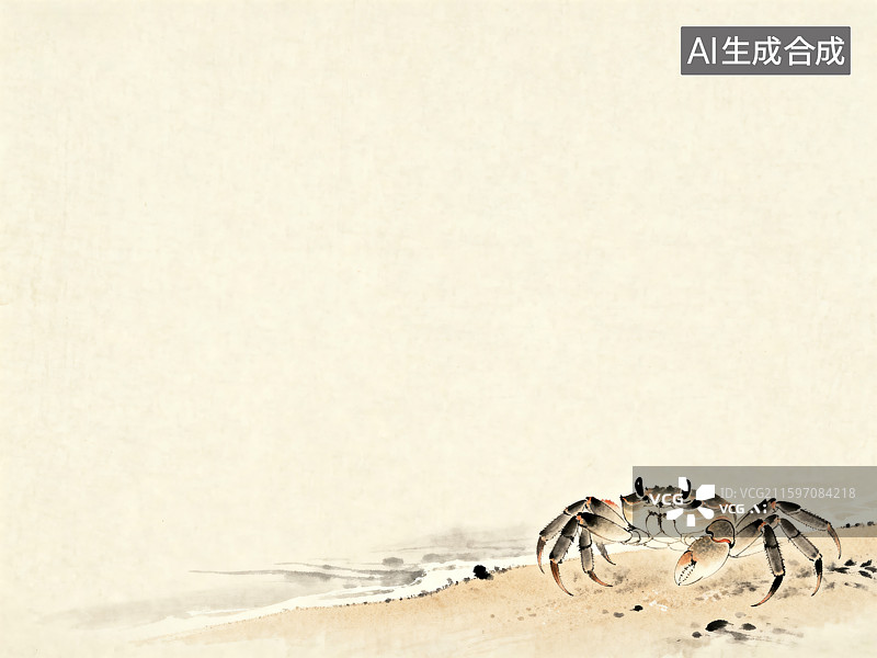 【AI数字艺术】沙滩上的中式螃蟹水墨画图片素材