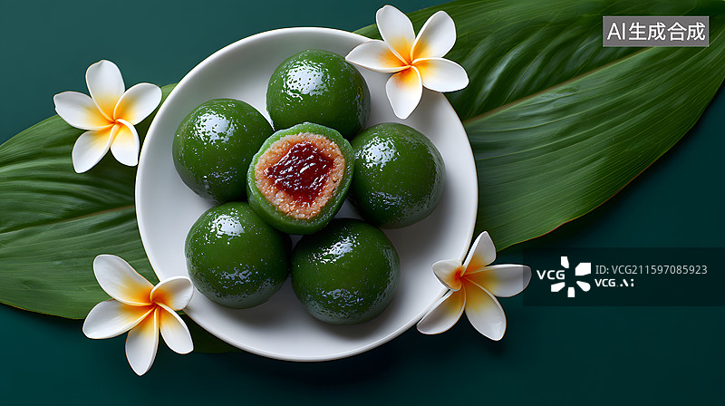 【AI数字艺术】清明节白盘红豆馅青团插图图片素材