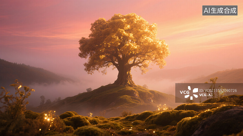 【AI数字艺术】鎏金秘境：落日古树的辉煌图片素材