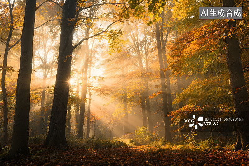 【AI数字艺术】阳光穿透秋叶林图片素材