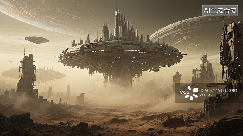【AI数字艺术】未来末日世界漂浮在太空中的城市科幻废土风壁纸图片素材