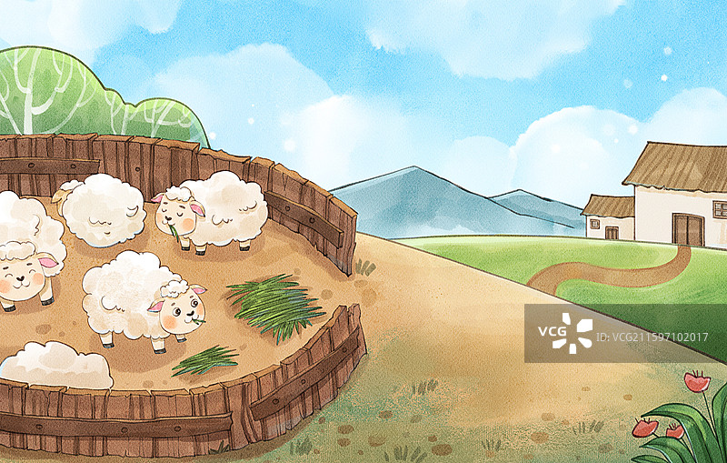 手绘水彩房屋羊圈天空横图背景图片素材