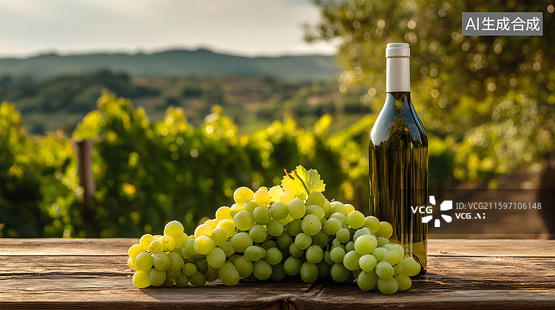 【AI数字艺术】木桌上的白葡萄酒和葡萄图片素材