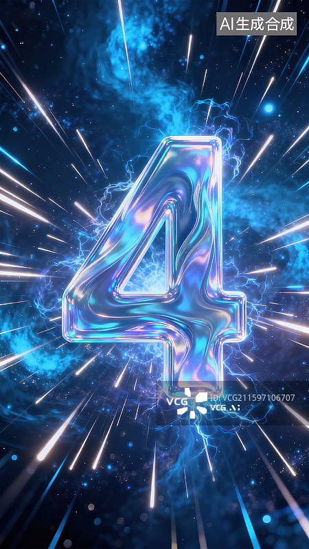【AI数字艺术】阿拉伯数字4倒计时全息光影未来科技感发光粒子光线3D三维立体字体创意艺术字神秘蓝色宇宙星空星云背景图片素材